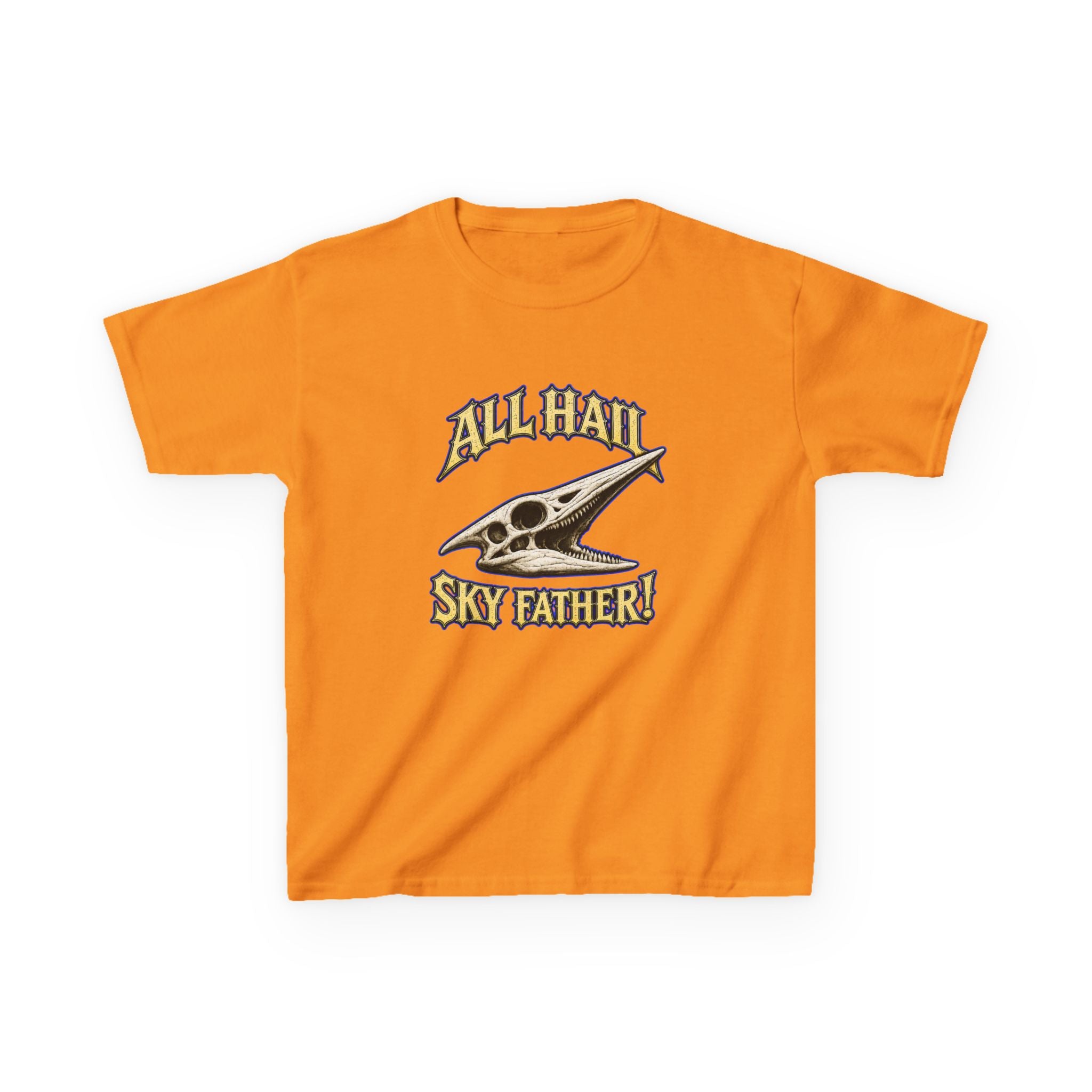 Kids T-Shirt — "All Hail Sky Father!" Pteranodon Skull Graphic Tee (Front & Back)