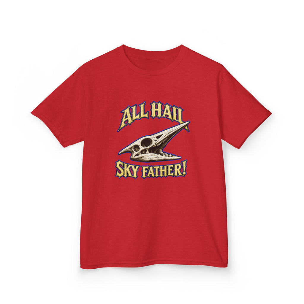 Kids T-Shirt — "All Hail Sky Father!" Pteranodon Skull Graphic Tee (Front & Back)