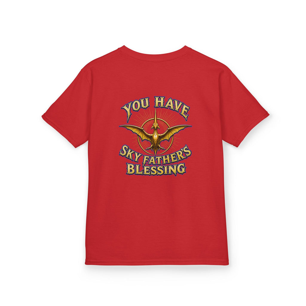 Kids T-Shirt — "All Hail Sky Father!" Pteranodon Skull Graphic Tee (Front & Back)