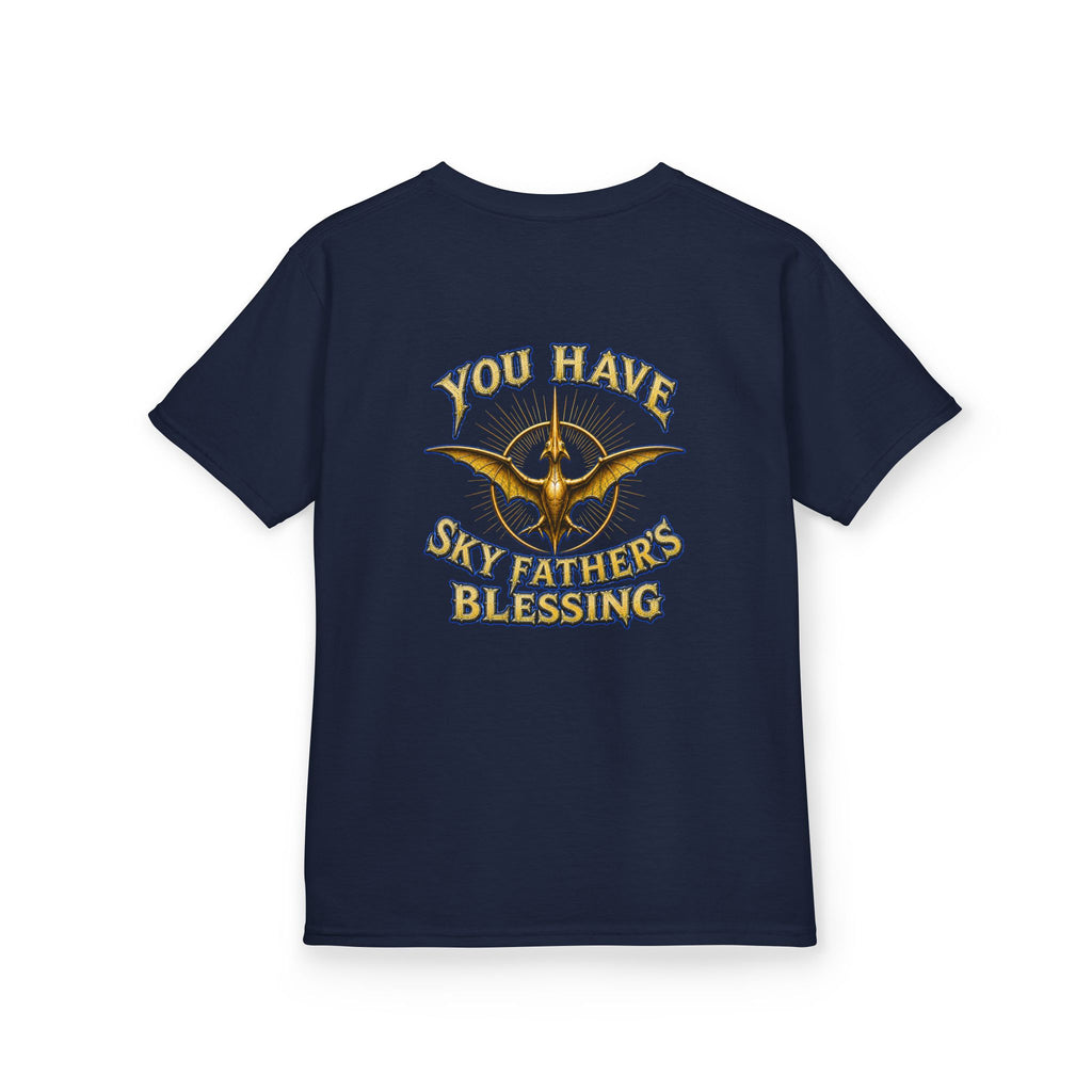 Kids T-Shirt — "All Hail Sky Father!" Pteranodon Skull Graphic Tee (Front & Back)