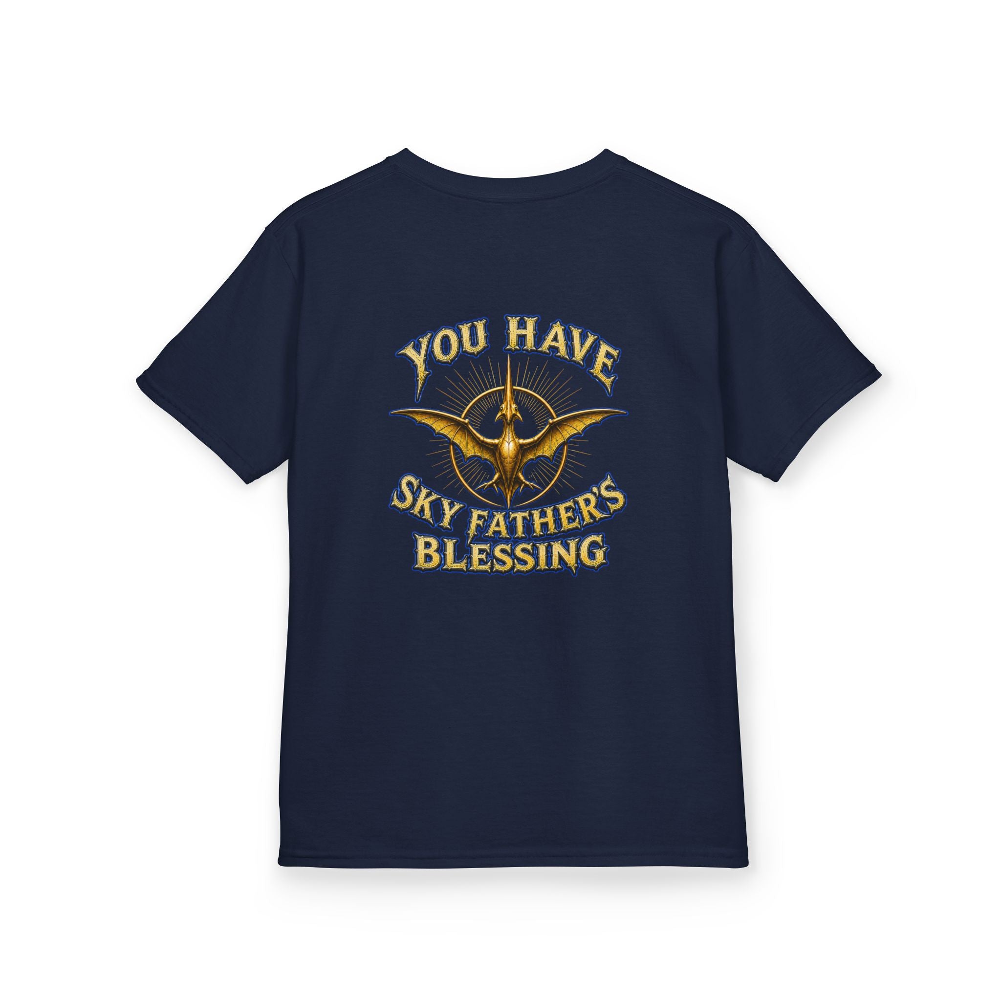 Kids T-Shirt — "All Hail Sky Father!" Pteranodon Skull Graphic Tee (Front & Back)