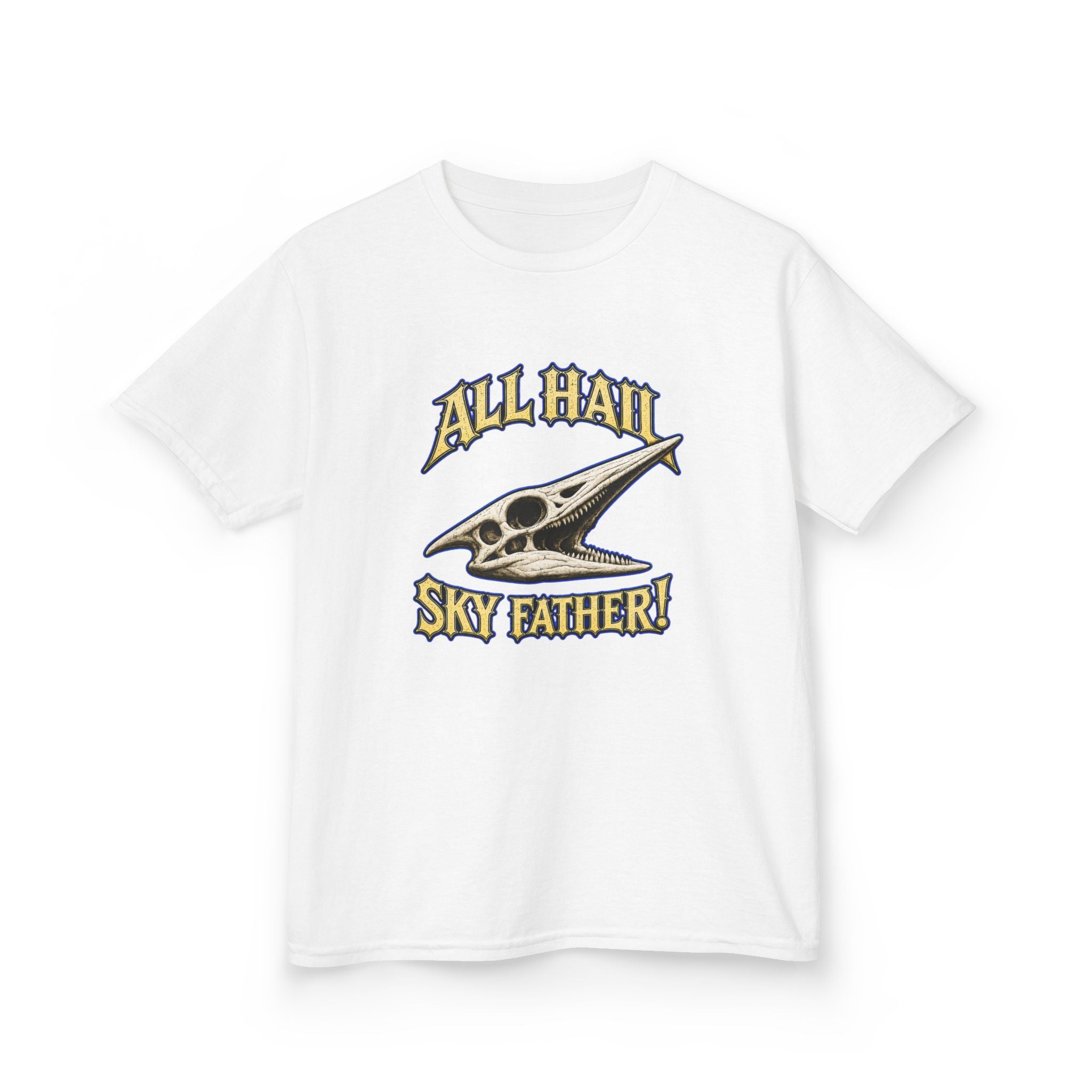 Kids T-Shirt — "All Hail Sky Father!" Pteranodon Skull Graphic Tee (Front & Back)