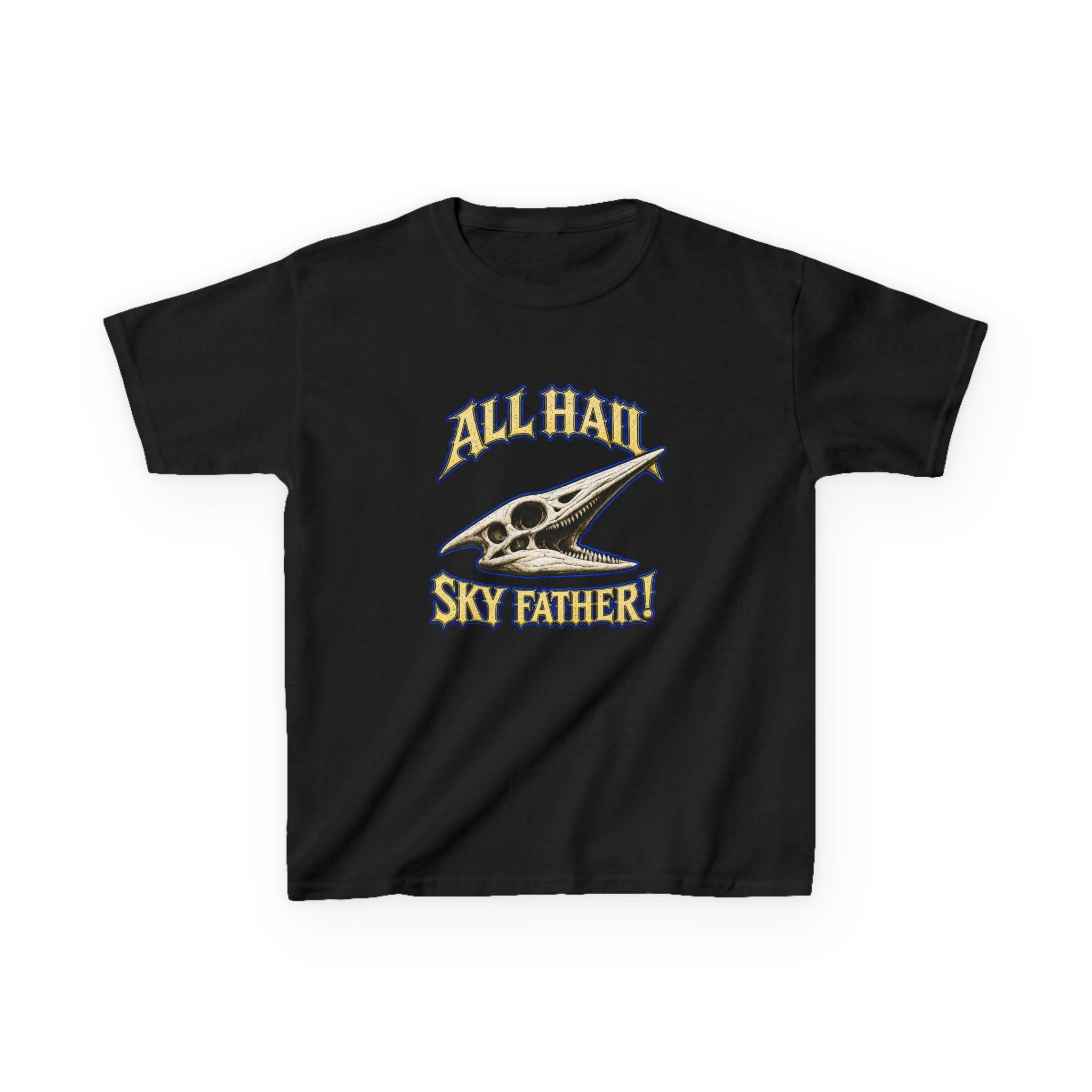 Kids T-Shirt — "All Hail Sky Father!" Pteranodon Skull Graphic Tee (Front & Back)