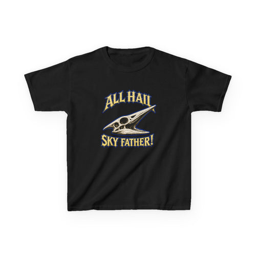 Kids T-Shirt — "All Hail Sky Father!" Pteranodon Skull Graphic Tee (Front & Back)