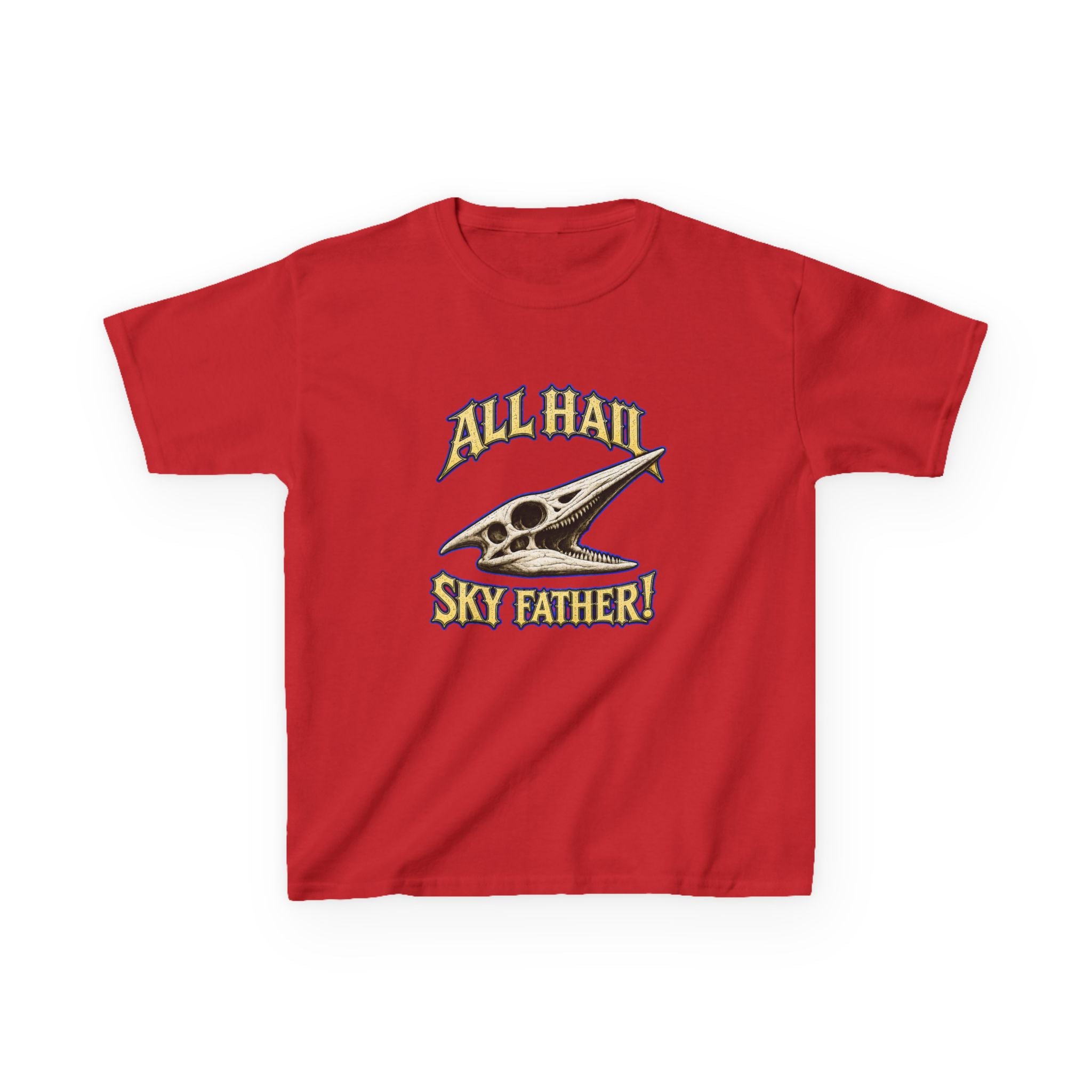 Kids T-Shirt — "All Hail Sky Father!" Pteranodon Skull Graphic Tee (Front & Back)