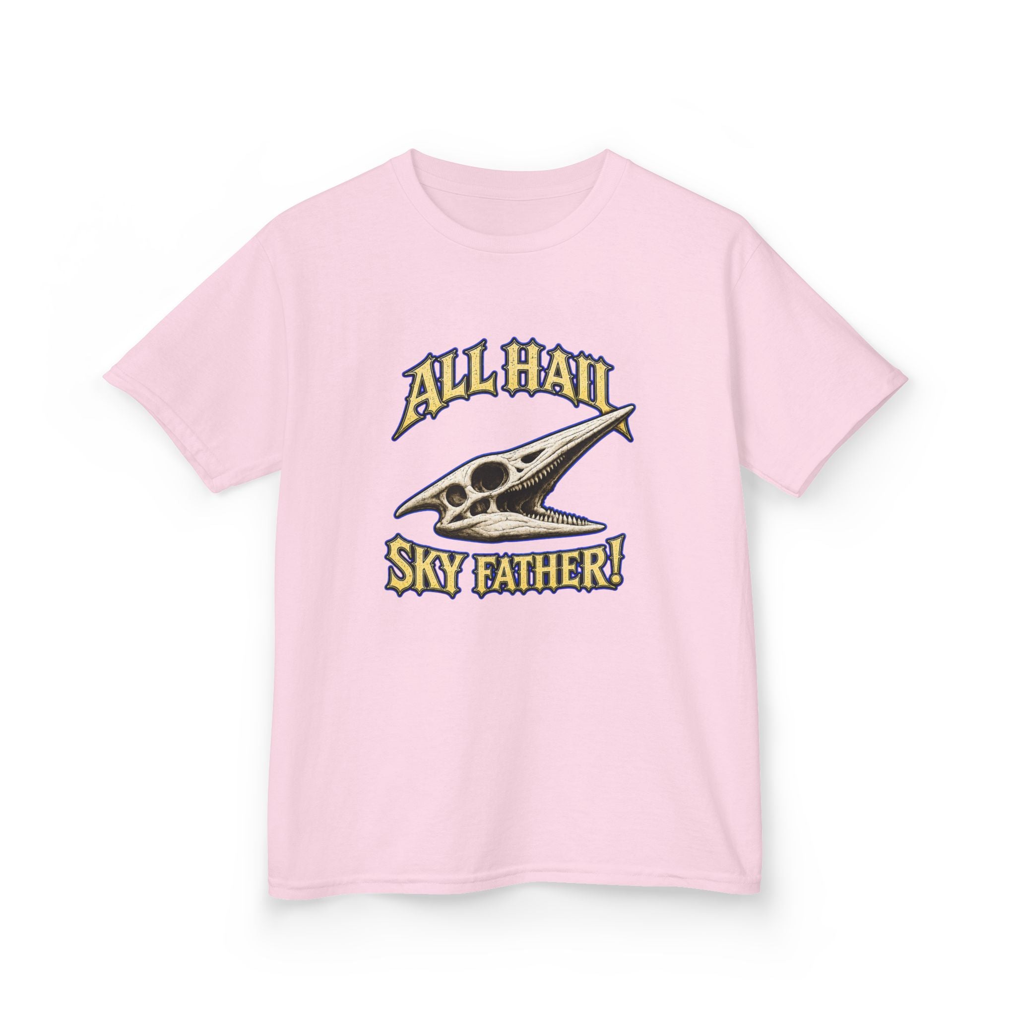 Kids T-Shirt — "All Hail Sky Father!" Pteranodon Skull Graphic Tee (Front & Back)