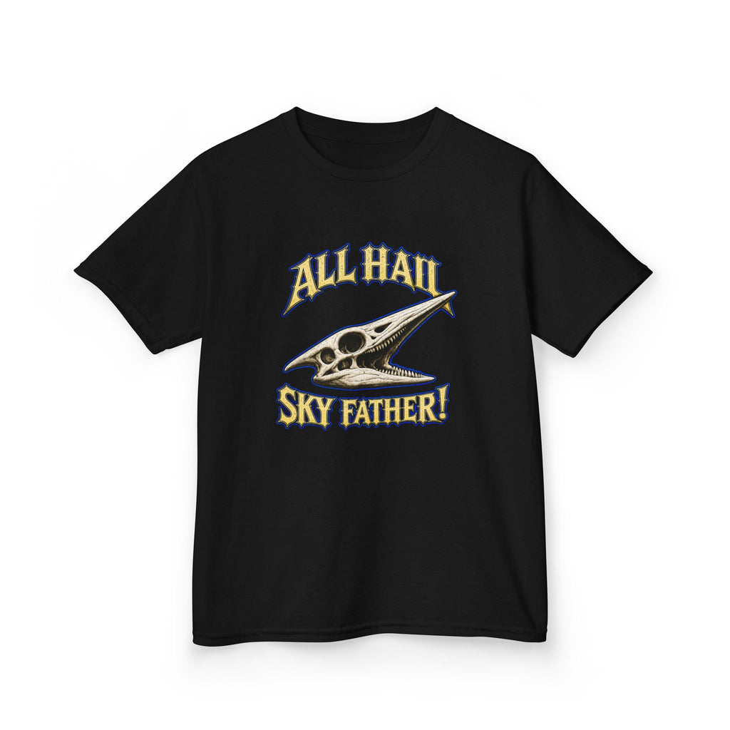 Kids T-Shirt — "All Hail Sky Father!" Pteranodon Skull Graphic Tee (Front & Back)