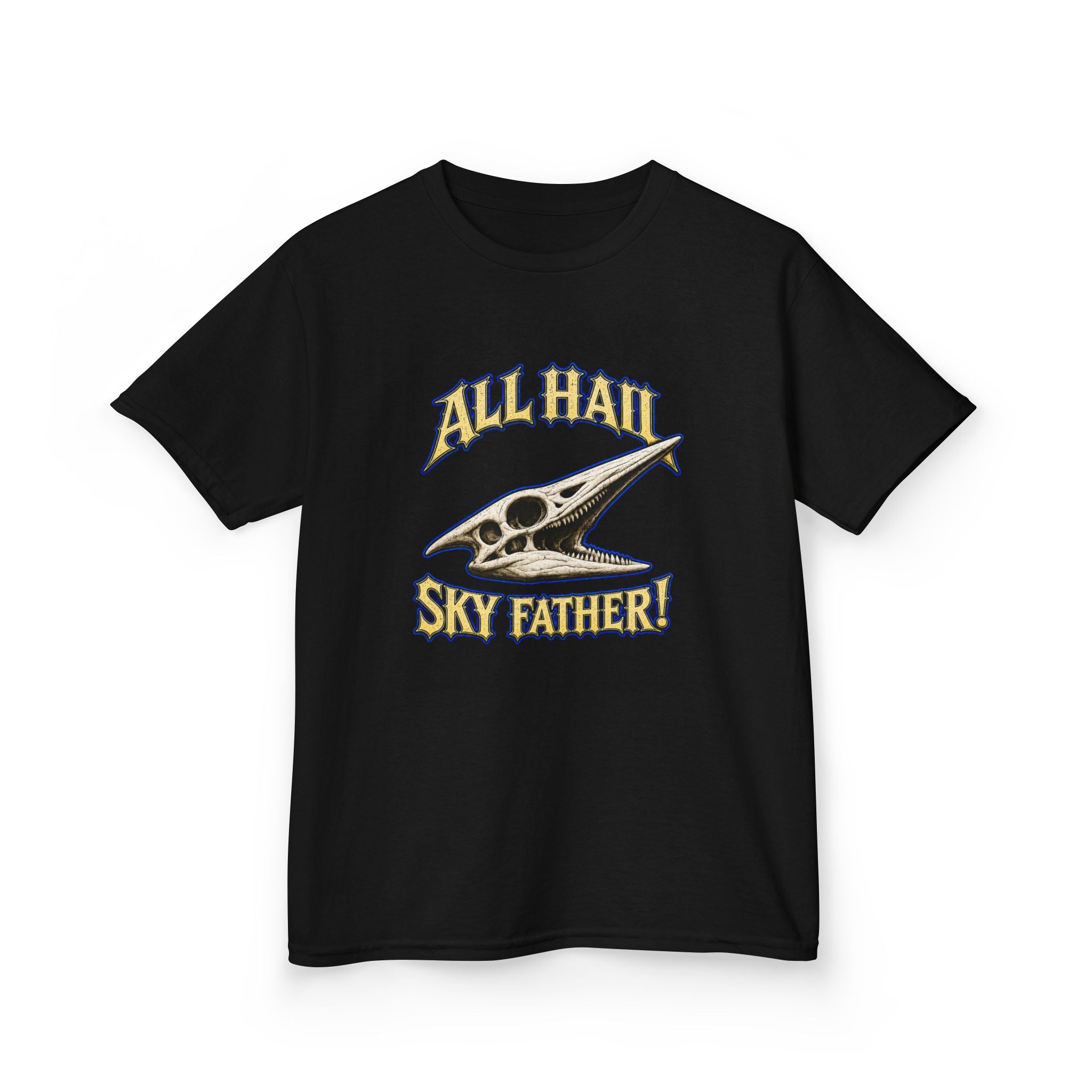 Kids T-Shirt — "All Hail Sky Father!" Pteranodon Skull Graphic Tee (Front & Back)