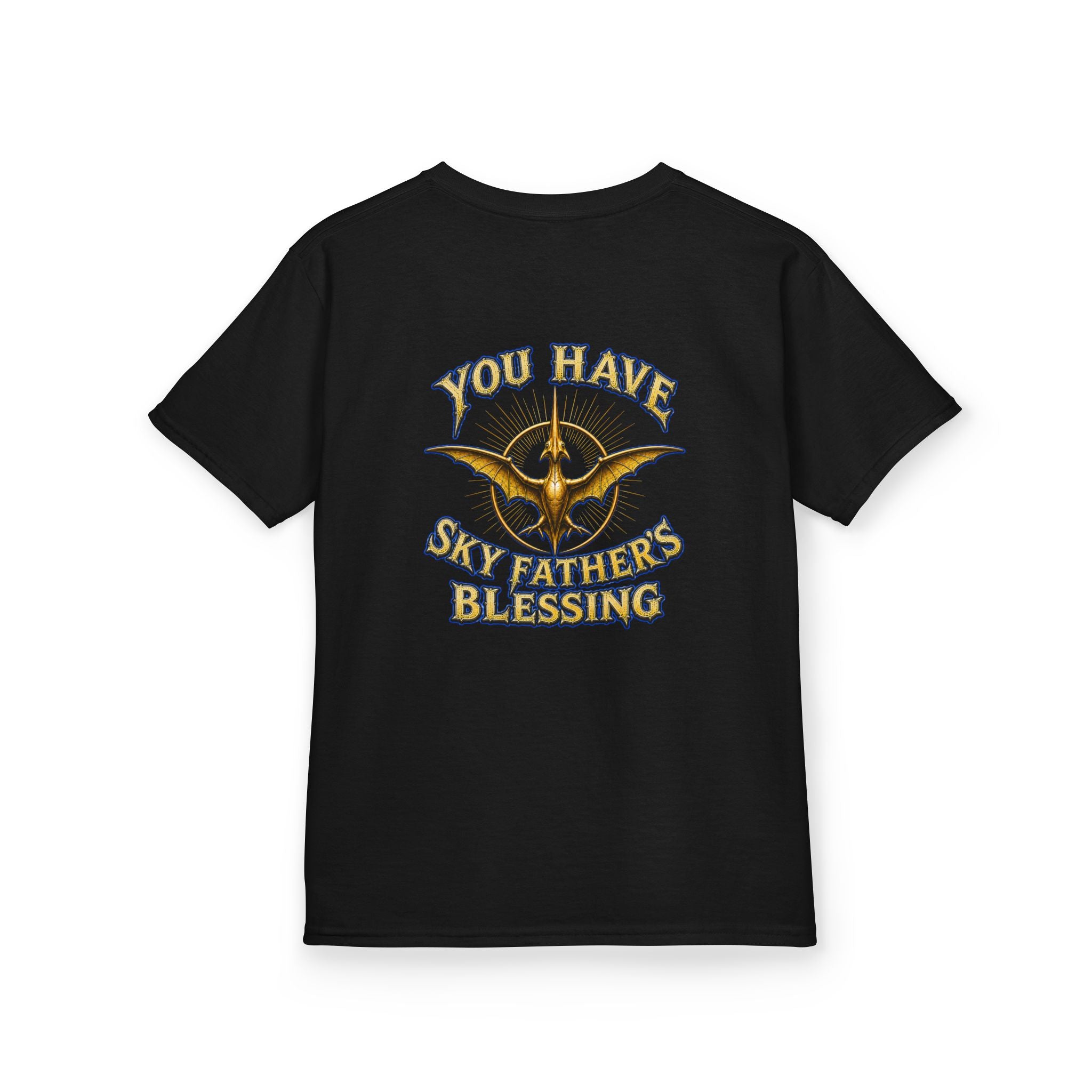 Kids T-Shirt — "All Hail Sky Father!" Pteranodon Skull Graphic Tee (Front & Back)