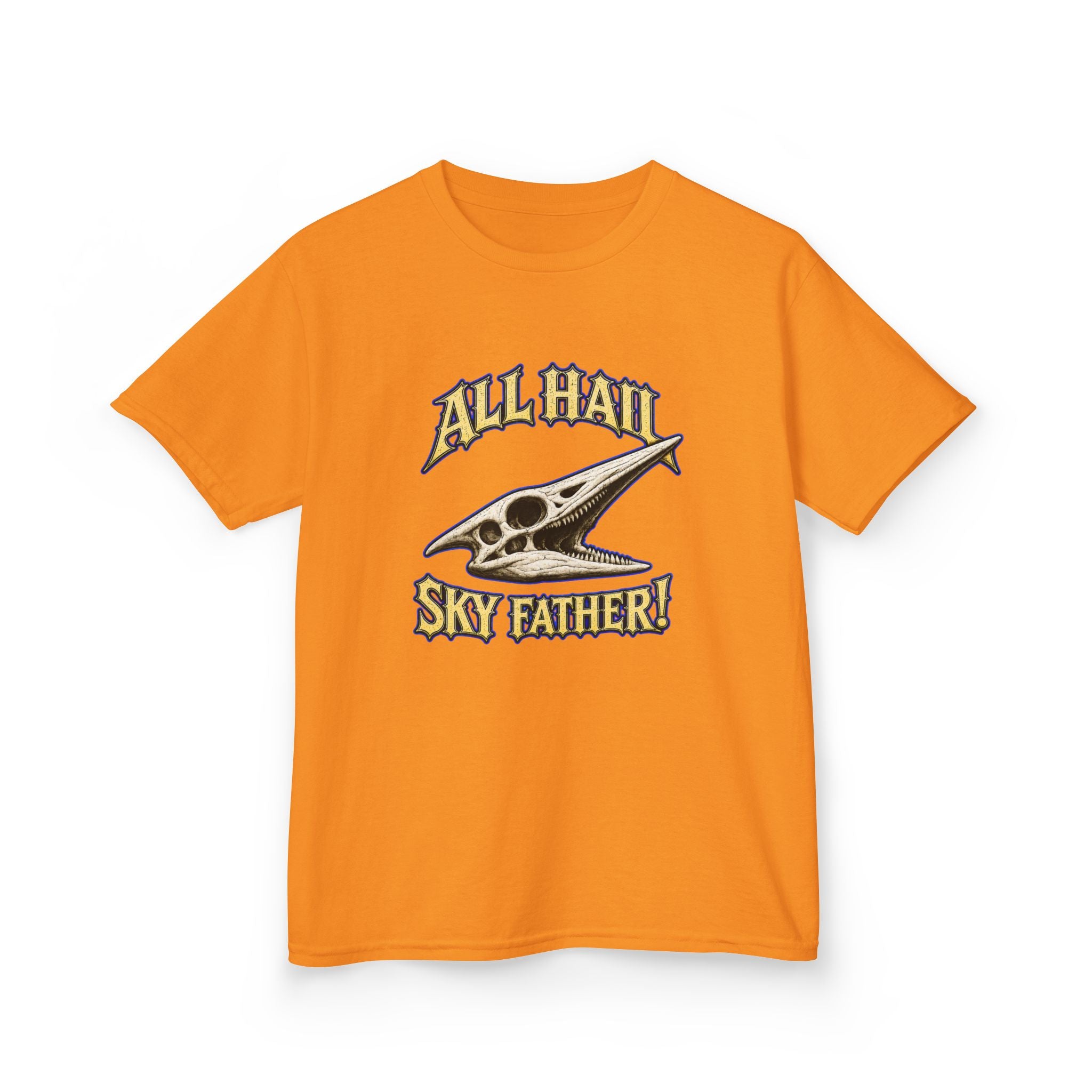 Kids T-Shirt — "All Hail Sky Father!" Pteranodon Skull Graphic Tee (Front & Back)