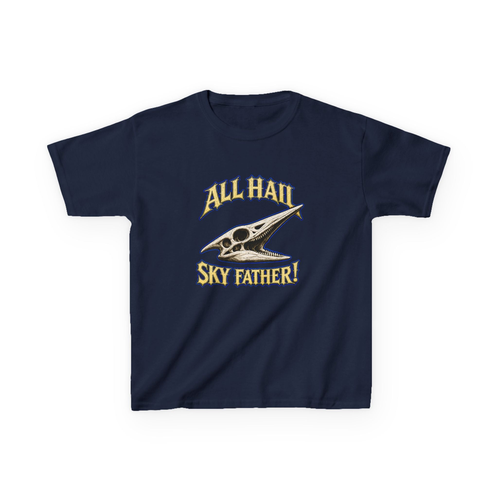 Kids T-Shirt — "All Hail Sky Father!" Pteranodon Skull Graphic Tee (Front & Back)