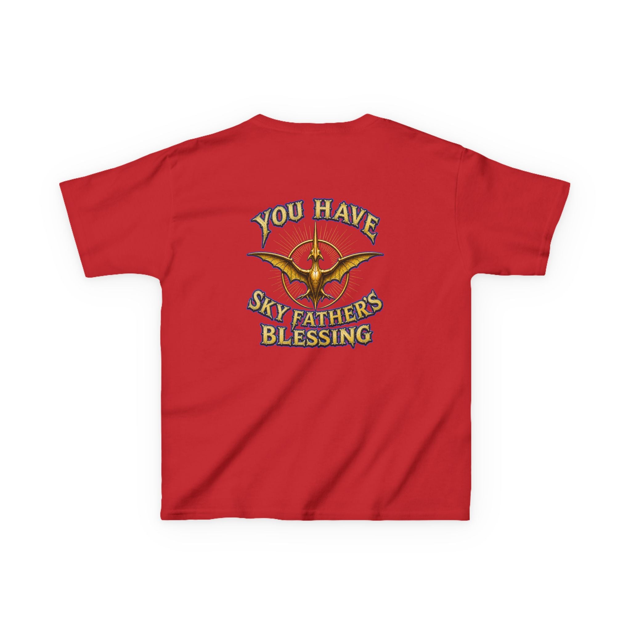 Kids T-Shirt — "All Hail Sky Father!" Pteranodon Skull Graphic Tee (Front & Back)