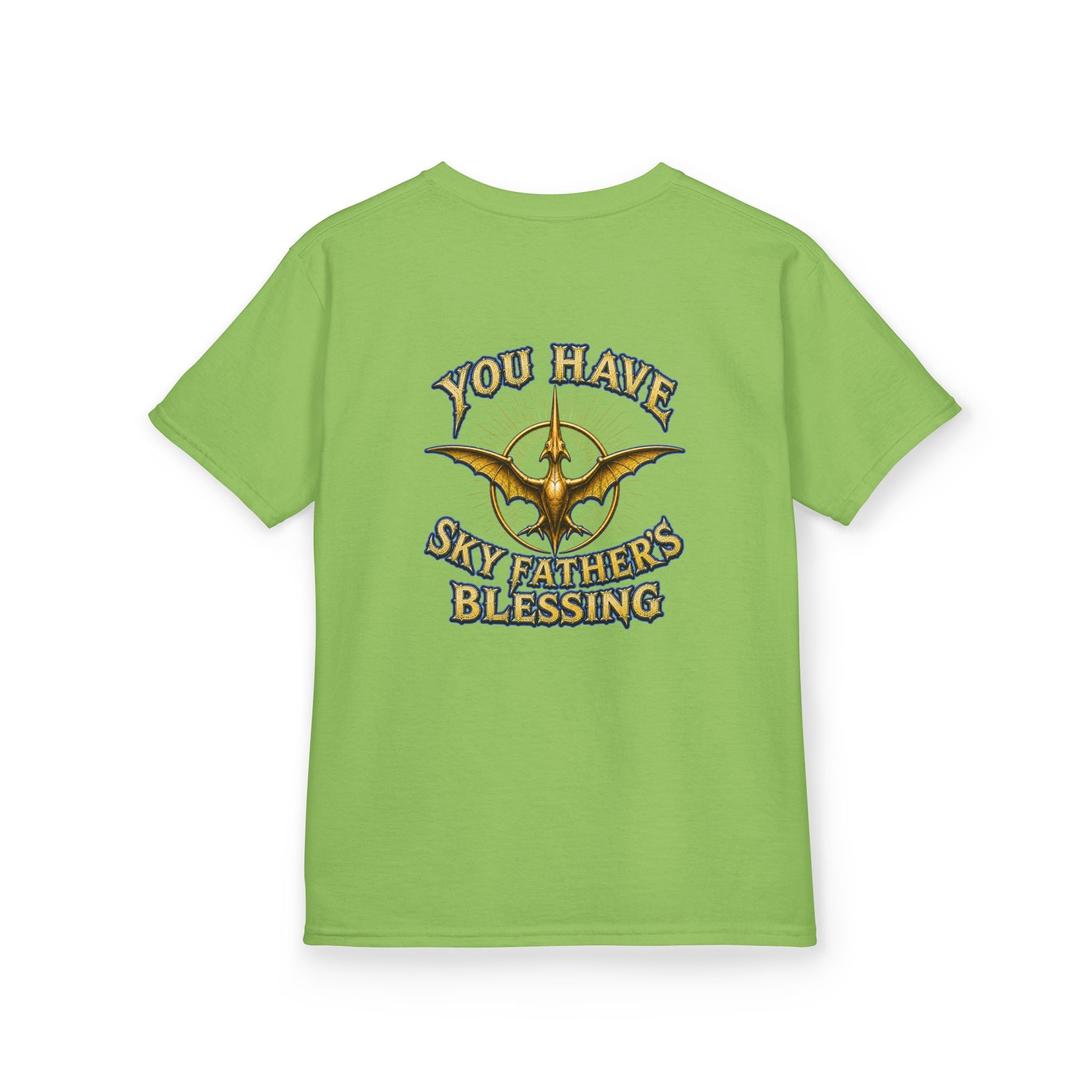 Kids T-Shirt — "All Hail Sky Father!" Pteranodon Skull Graphic Tee (Front & Back)