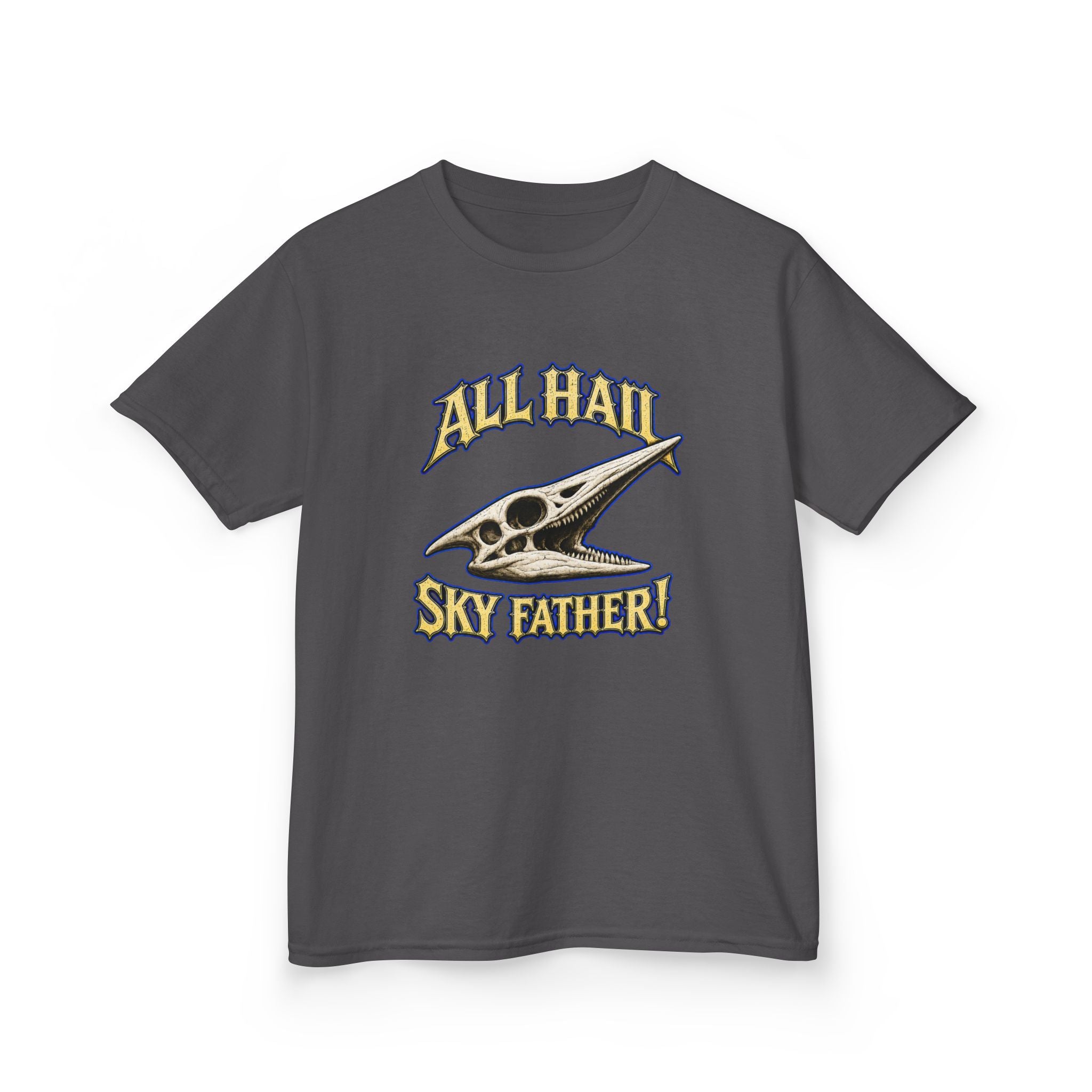 Kids T-Shirt — "All Hail Sky Father!" Pteranodon Skull Graphic Tee (Front & Back)
