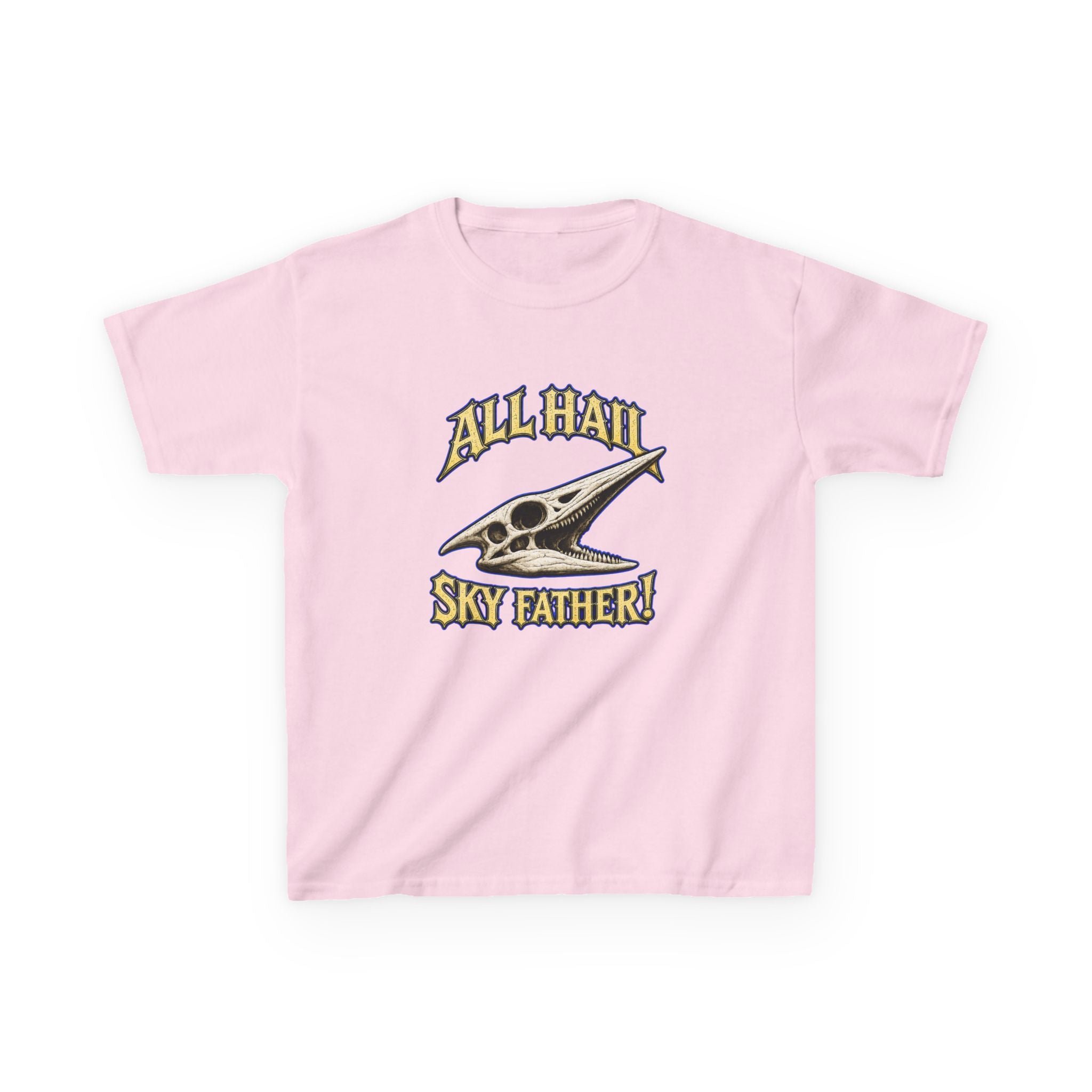 Kids T-Shirt — "All Hail Sky Father!" Pteranodon Skull Graphic Tee (Front & Back)