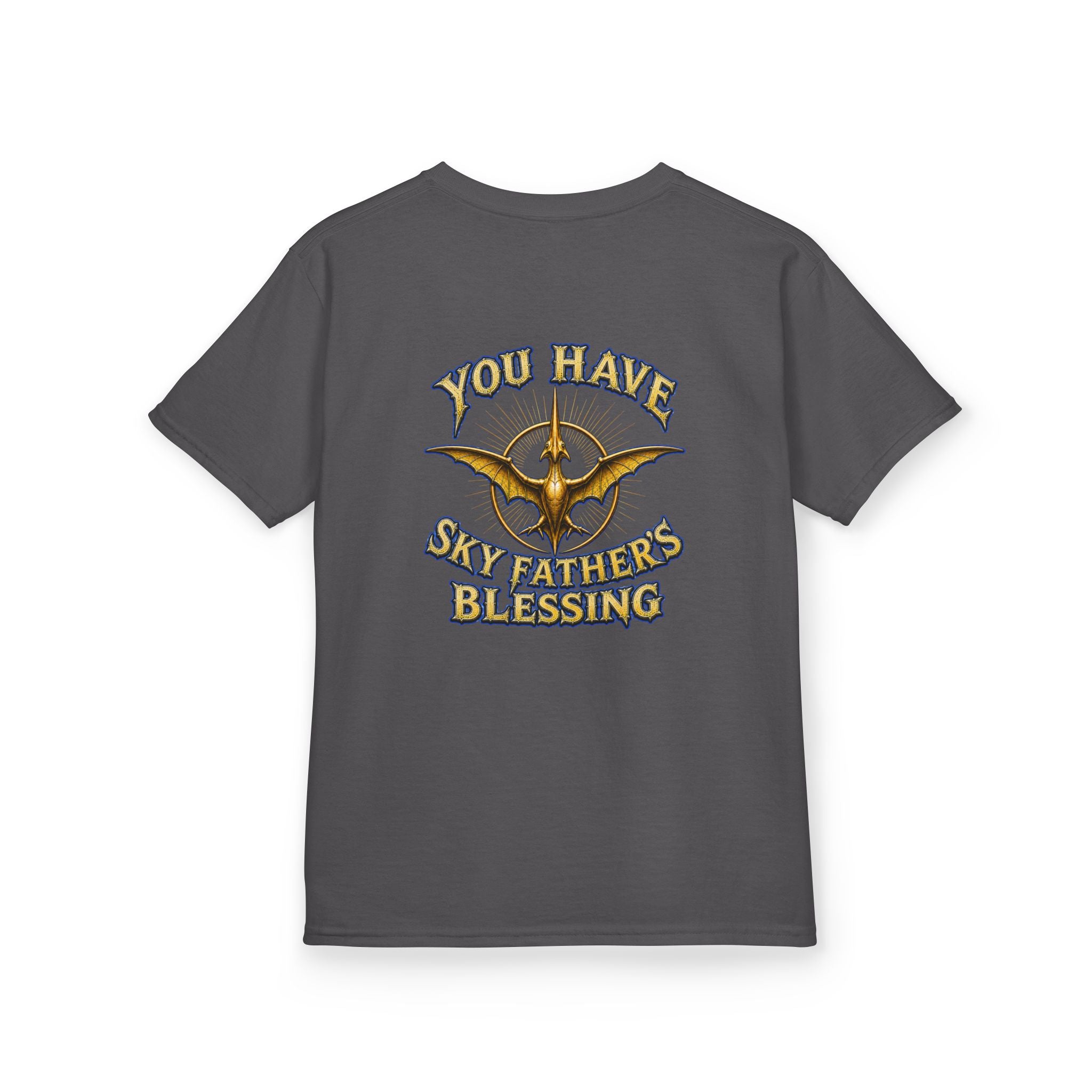 Kids T-Shirt — "All Hail Sky Father!" Pteranodon Skull Graphic Tee (Front & Back)