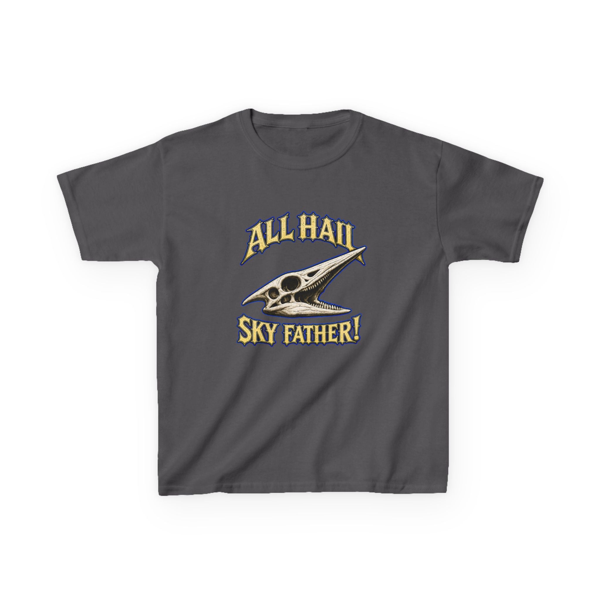 Kids T-Shirt — "All Hail Sky Father!" Pteranodon Skull Graphic Tee (Front & Back)