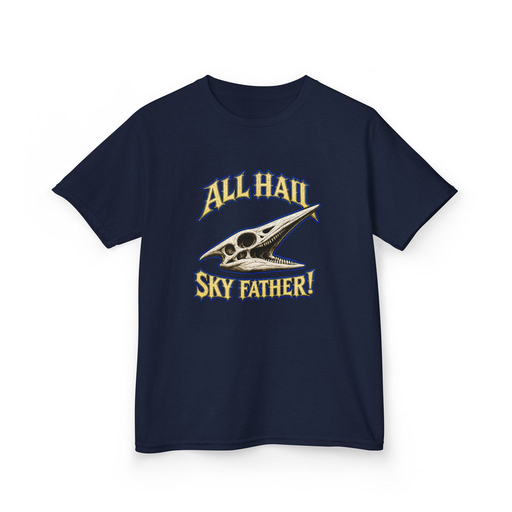 Kids T-Shirt — "All Hail Sky Father!" Pteranodon Skull Graphic Tee (Front & Back)