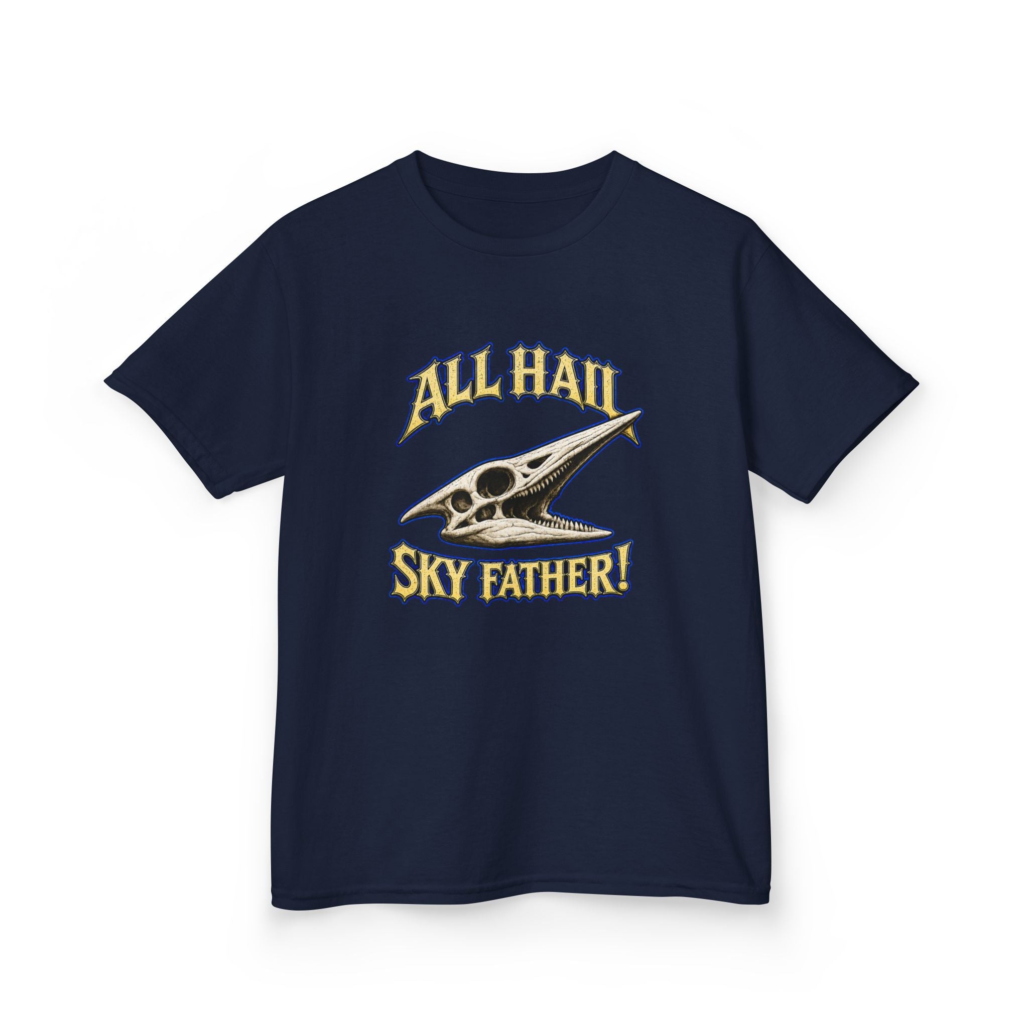 Kids T-Shirt — "All Hail Sky Father!" Pteranodon Skull Graphic Tee (Front & Back)