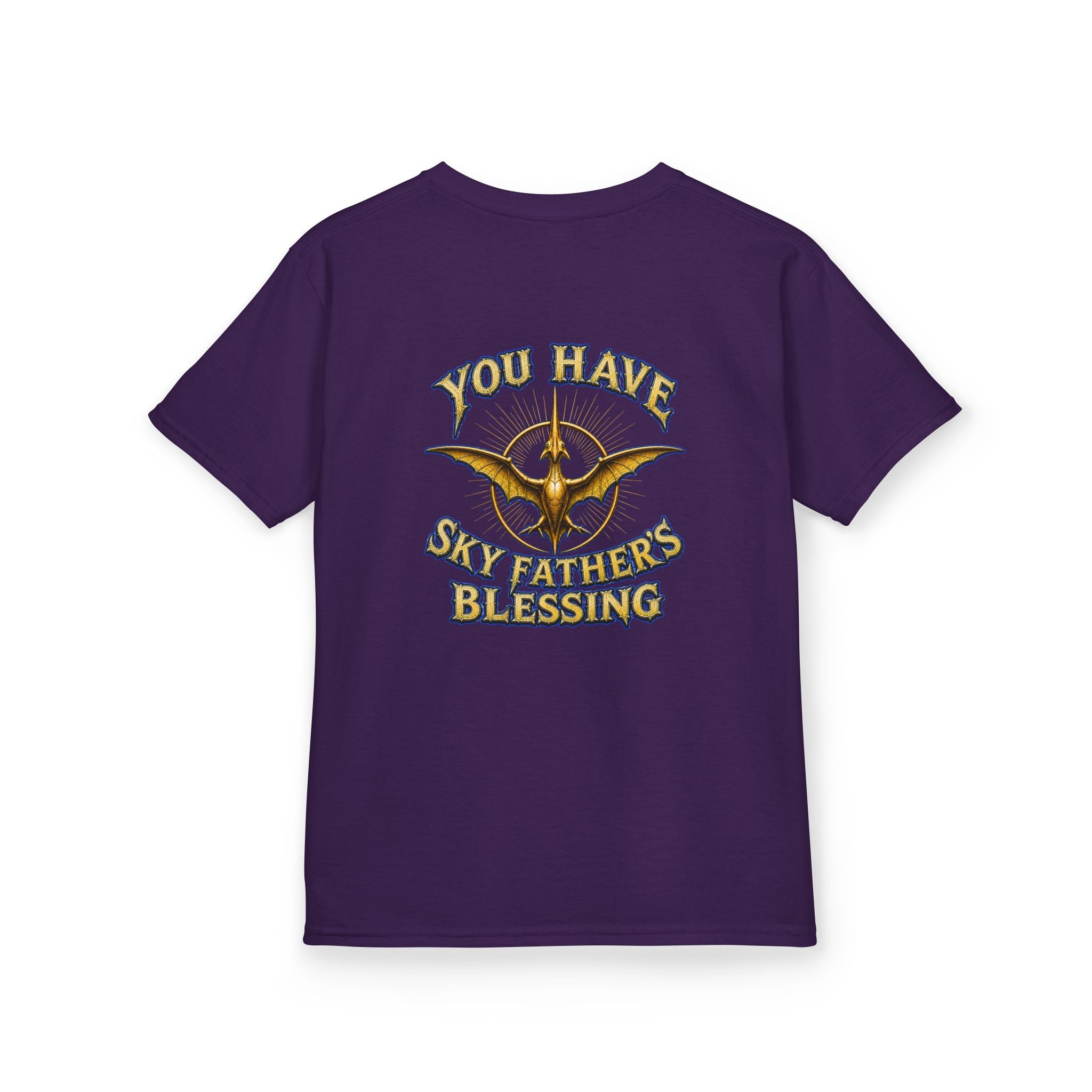 Kids T-Shirt — "All Hail Sky Father!" Pteranodon Skull Graphic Tee (Front & Back)