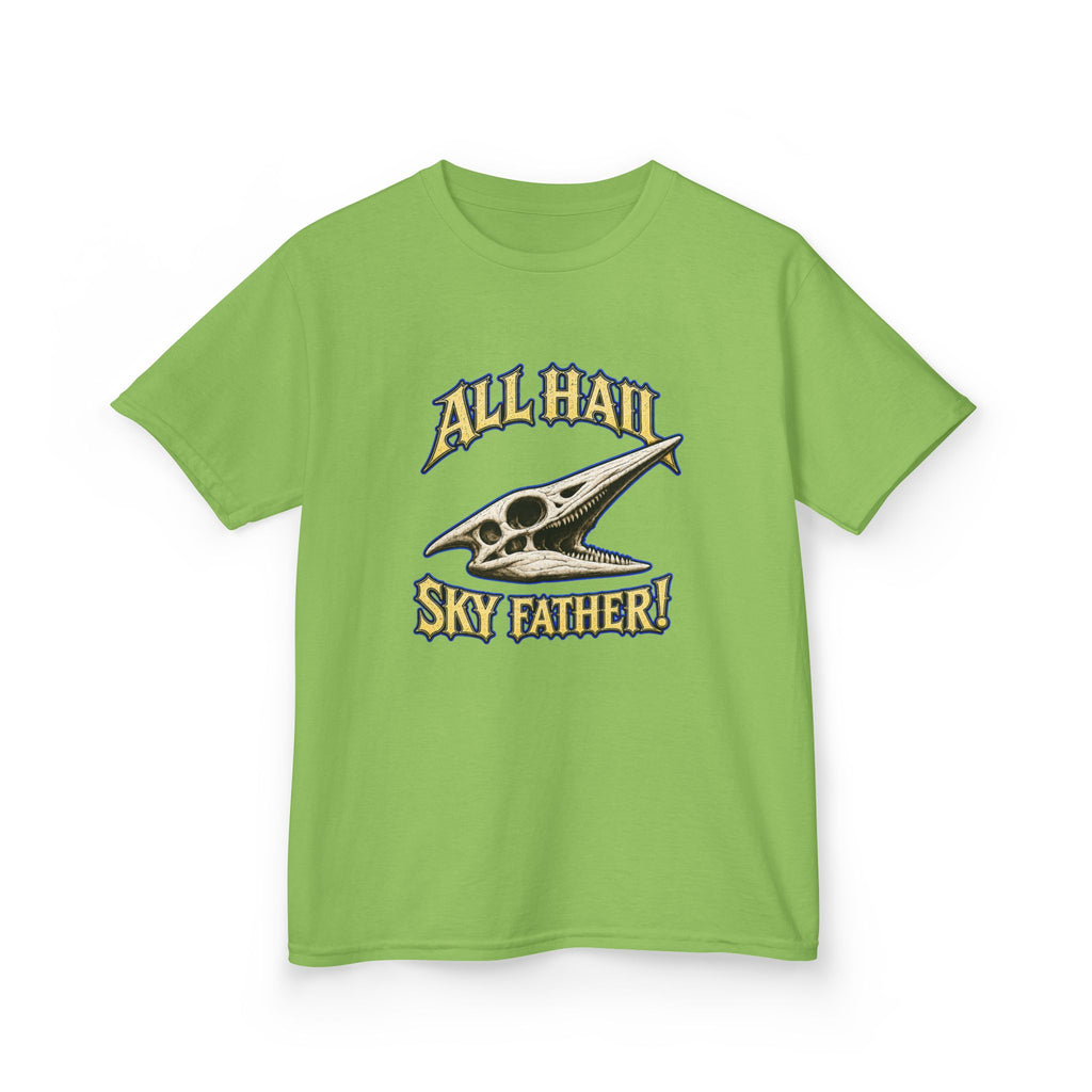 Kids T-Shirt — "All Hail Sky Father!" Pteranodon Skull Graphic Tee (Front & Back)