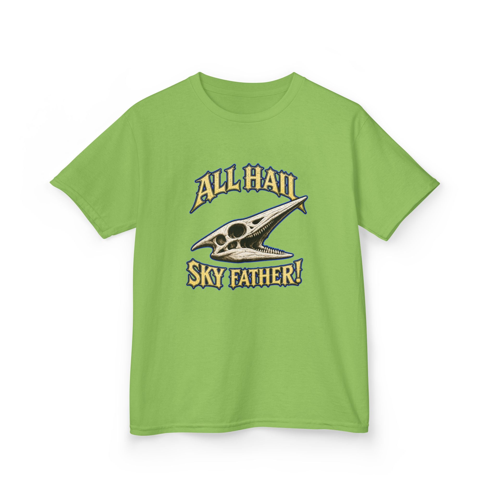 Kids T-Shirt — "All Hail Sky Father!" Pteranodon Skull Graphic Tee (Front & Back)