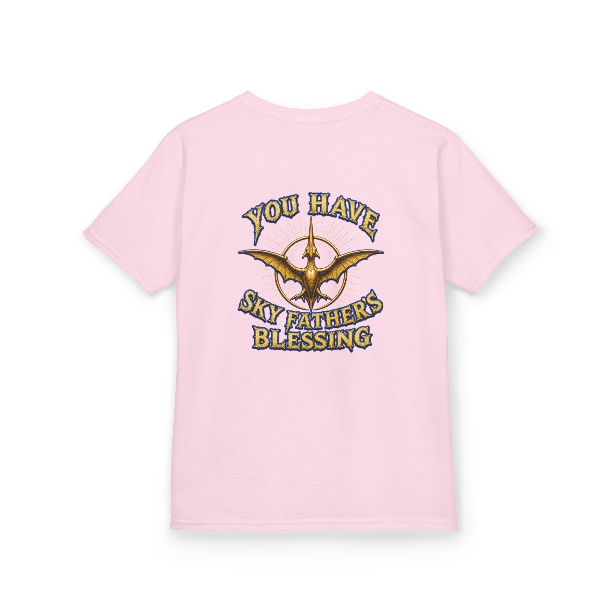Kids T-Shirt — "All Hail Sky Father!" Pteranodon Skull Graphic Tee (Front & Back)