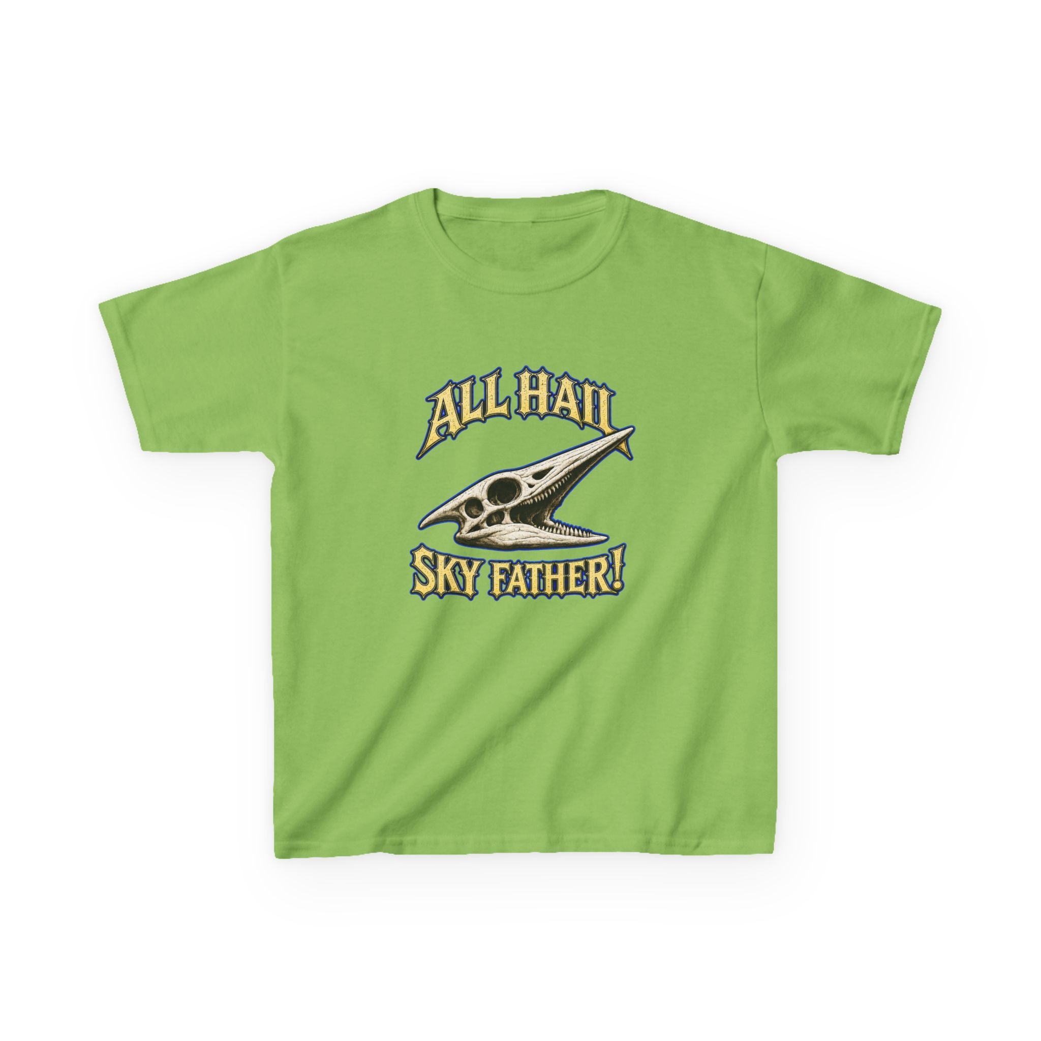 Kids T-Shirt — "All Hail Sky Father!" Pteranodon Skull Graphic Tee (Front & Back)