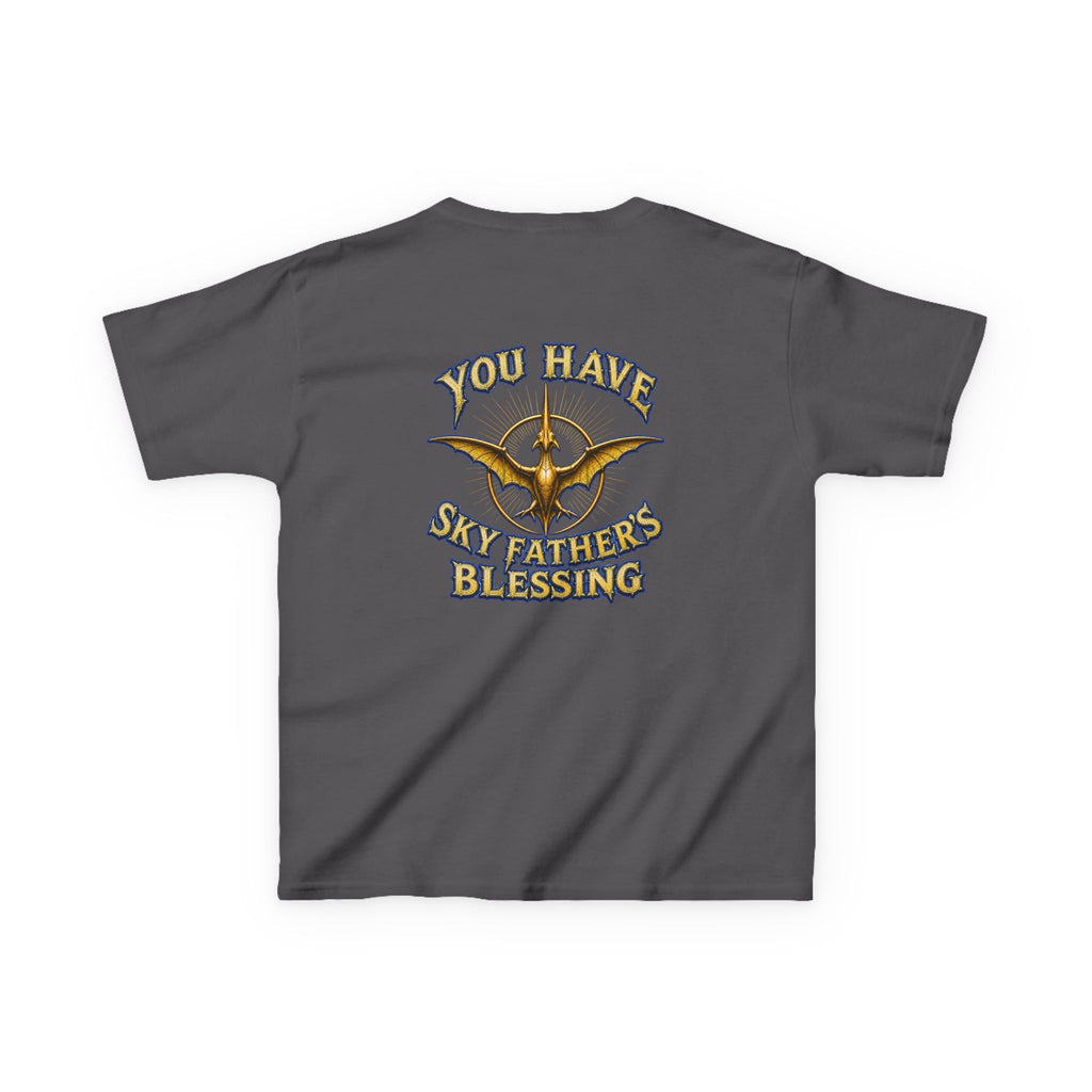 Kids T-Shirt — "All Hail Sky Father!" Pteranodon Skull Graphic Tee (Front & Back)