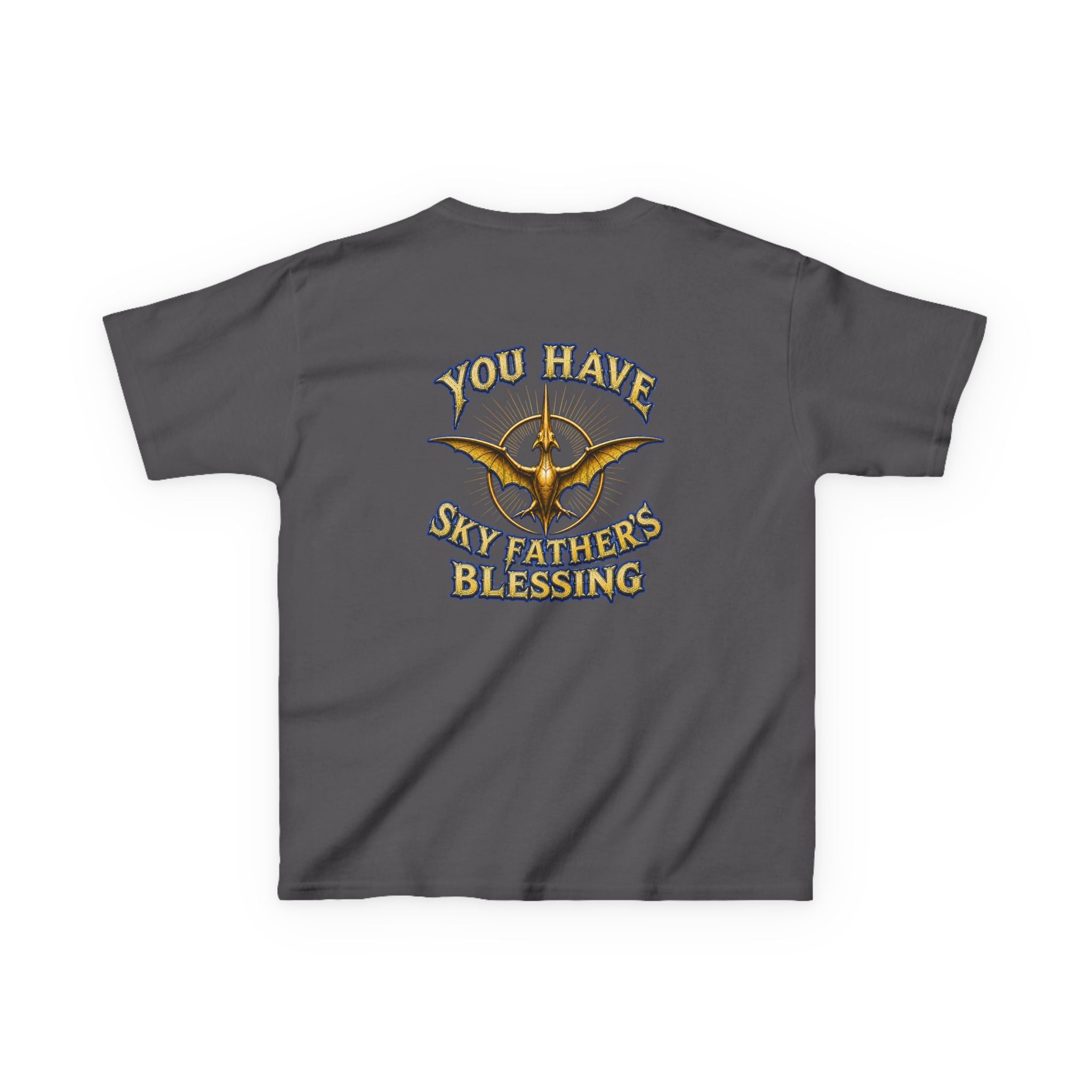 Kids T-Shirt — "All Hail Sky Father!" Pteranodon Skull Graphic Tee (Front & Back)