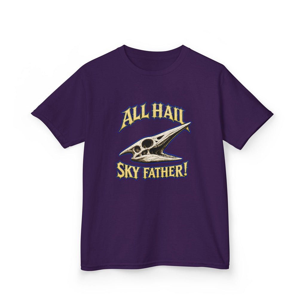 Kids T-Shirt — "All Hail Sky Father!" Pteranodon Skull Graphic Tee (Front & Back)