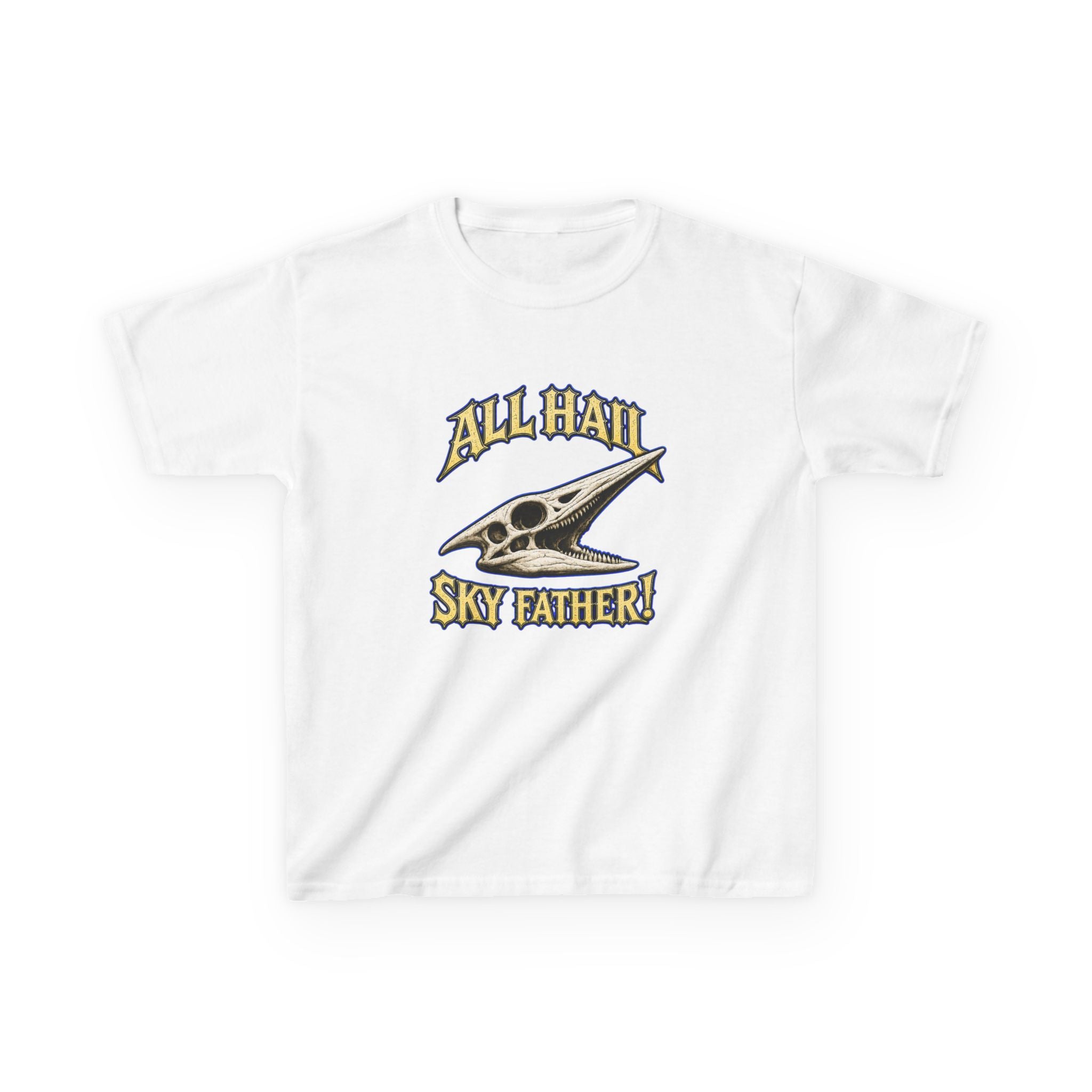 Kids T-Shirt — "All Hail Sky Father!" Pteranodon Skull Graphic Tee (Front & Back)