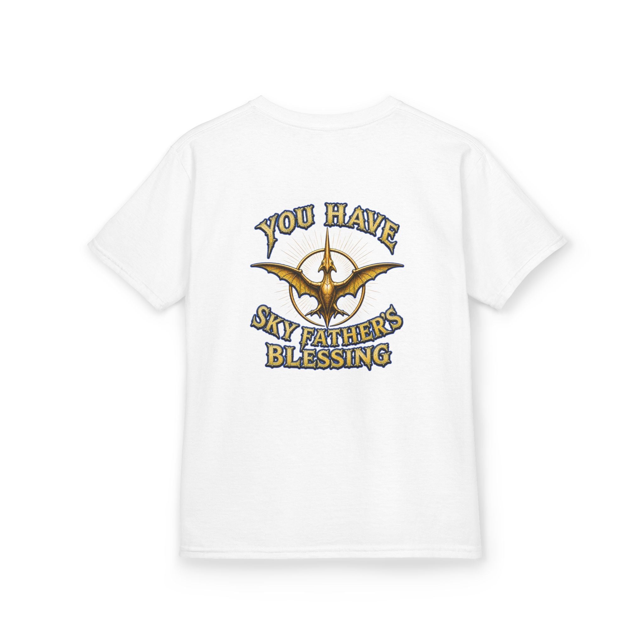 Kids T-Shirt — "All Hail Sky Father!" Pteranodon Skull Graphic Tee (Front & Back)