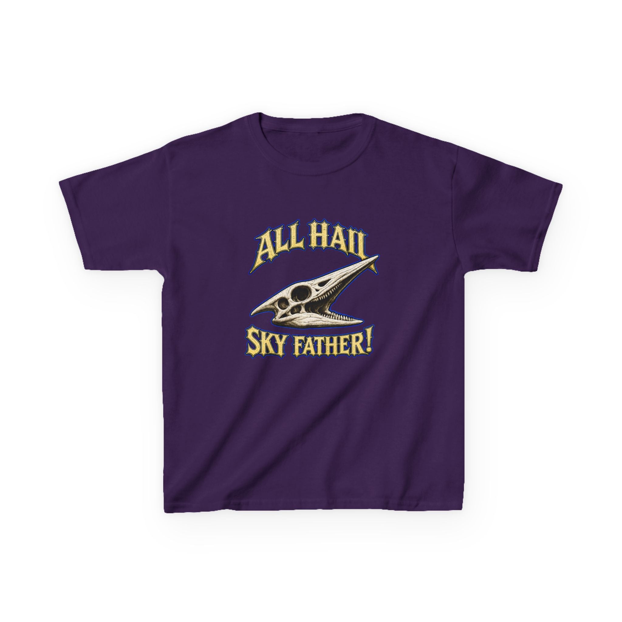 Kids T-Shirt — "All Hail Sky Father!" Pteranodon Skull Graphic Tee (Front & Back)